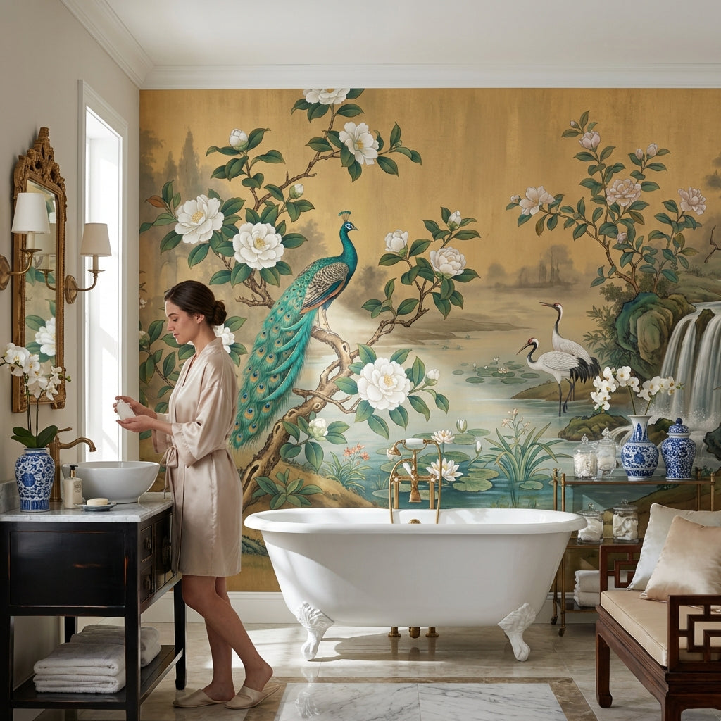 Peacock Wallpaper Cranes Waterfall Wall Mural