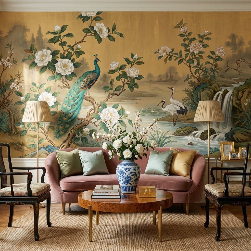 Peacock Wallpaper Cranes Waterfall Wall Mural