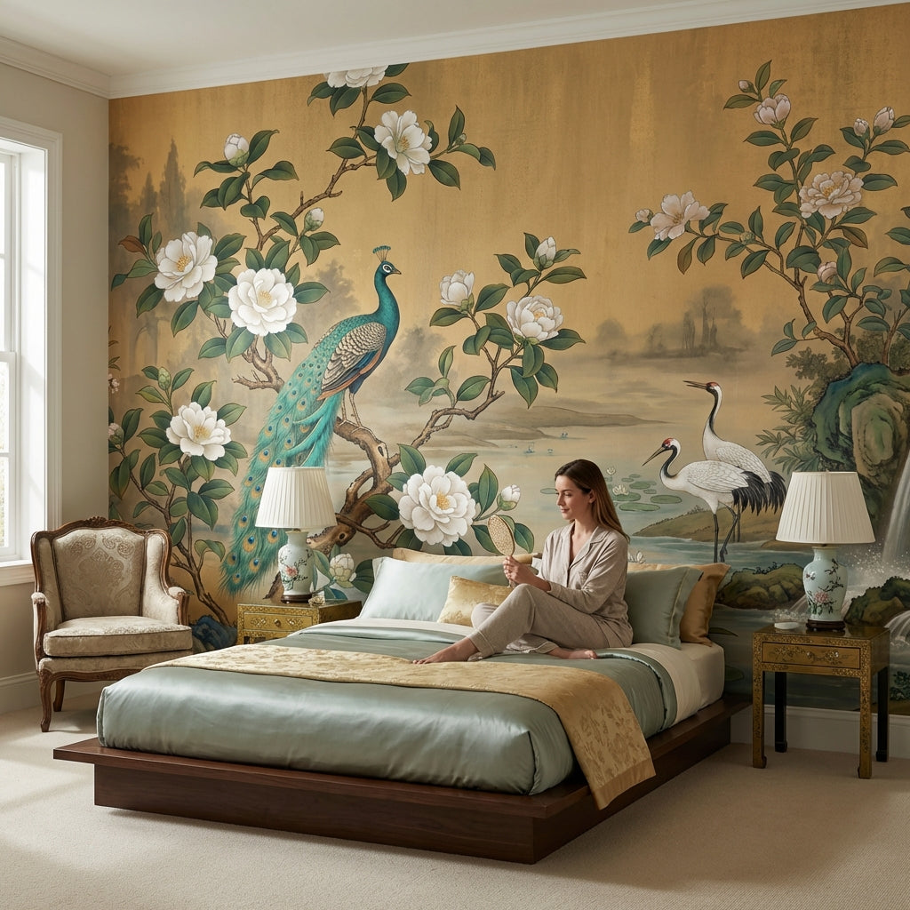 Peacock Wallpaper Cranes Waterfall Wall Mural