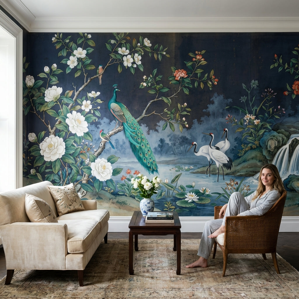 Peacock Wallpaper Cranes Waterfall Wall Mural