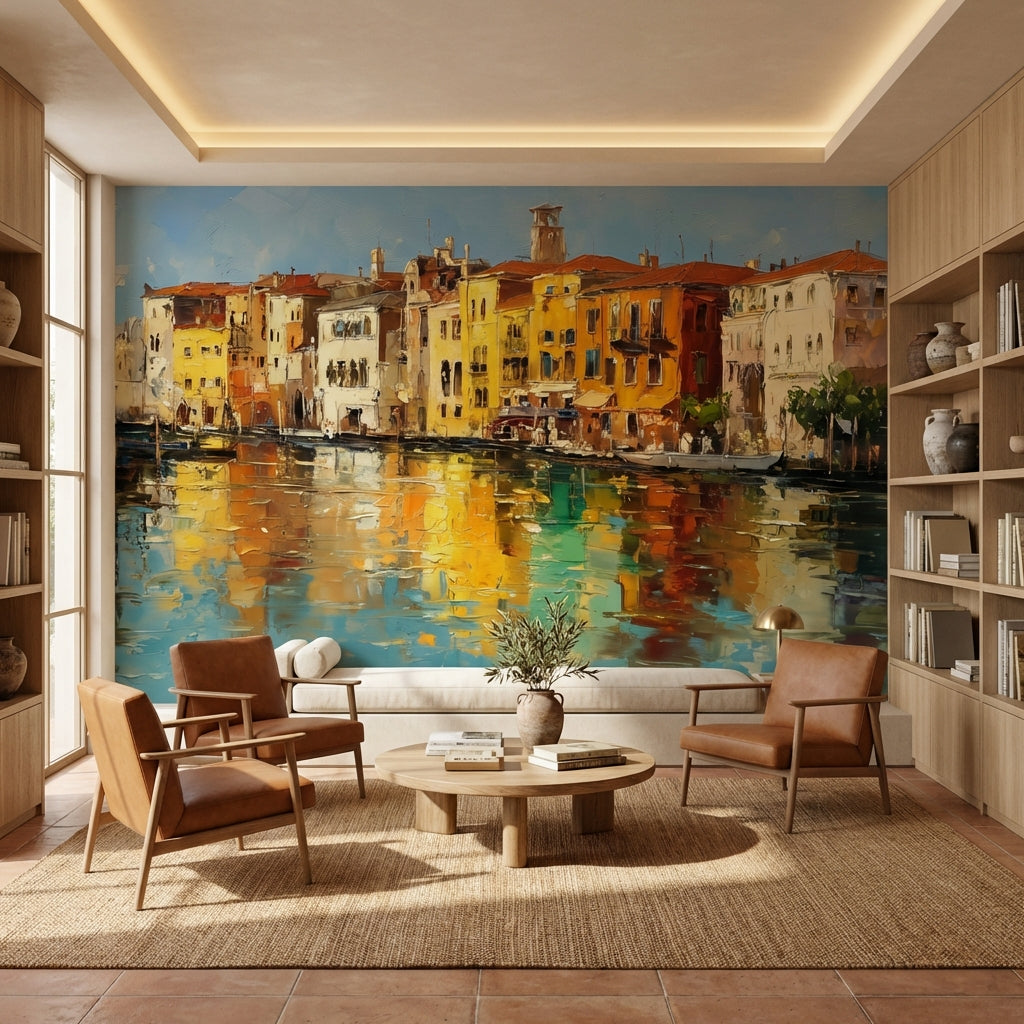 Colorful Buildings Wallpaper Waterfront Mediterranean Wall Mural