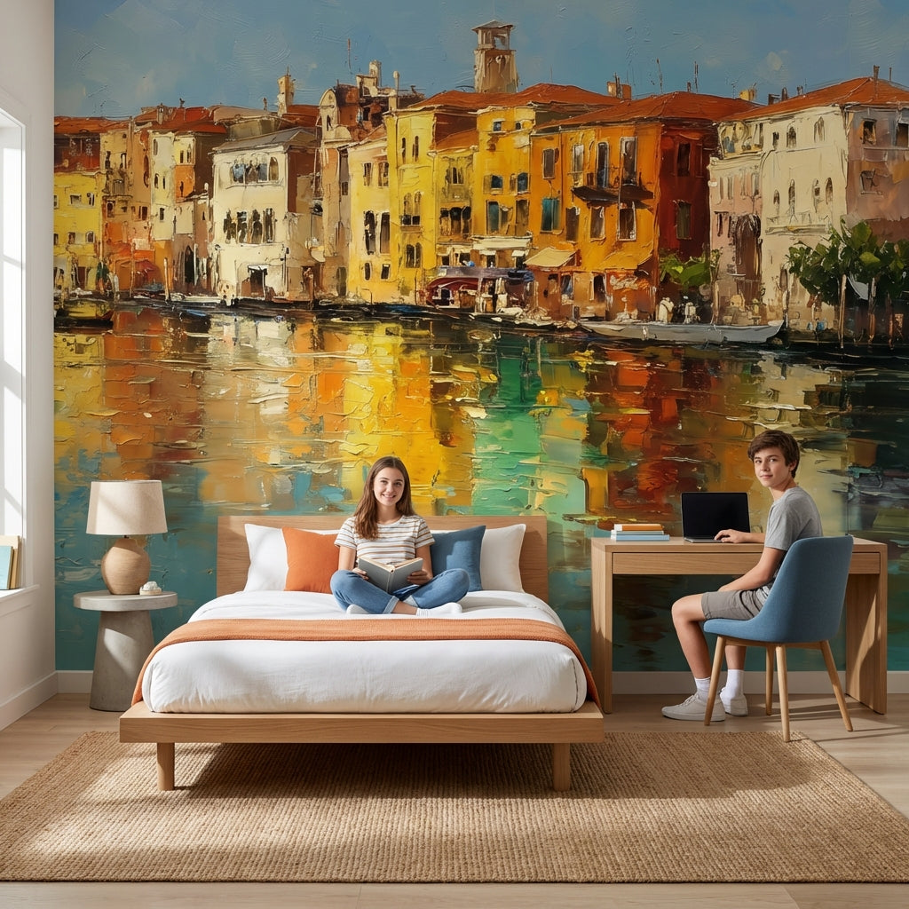 Colorful Buildings Wallpaper Waterfront Mediterranean Wall Mural