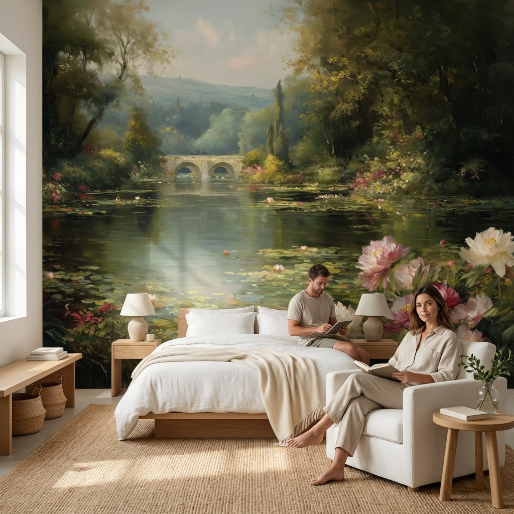 Serene Pond Wallpaper Nature Greenery Wall Mural