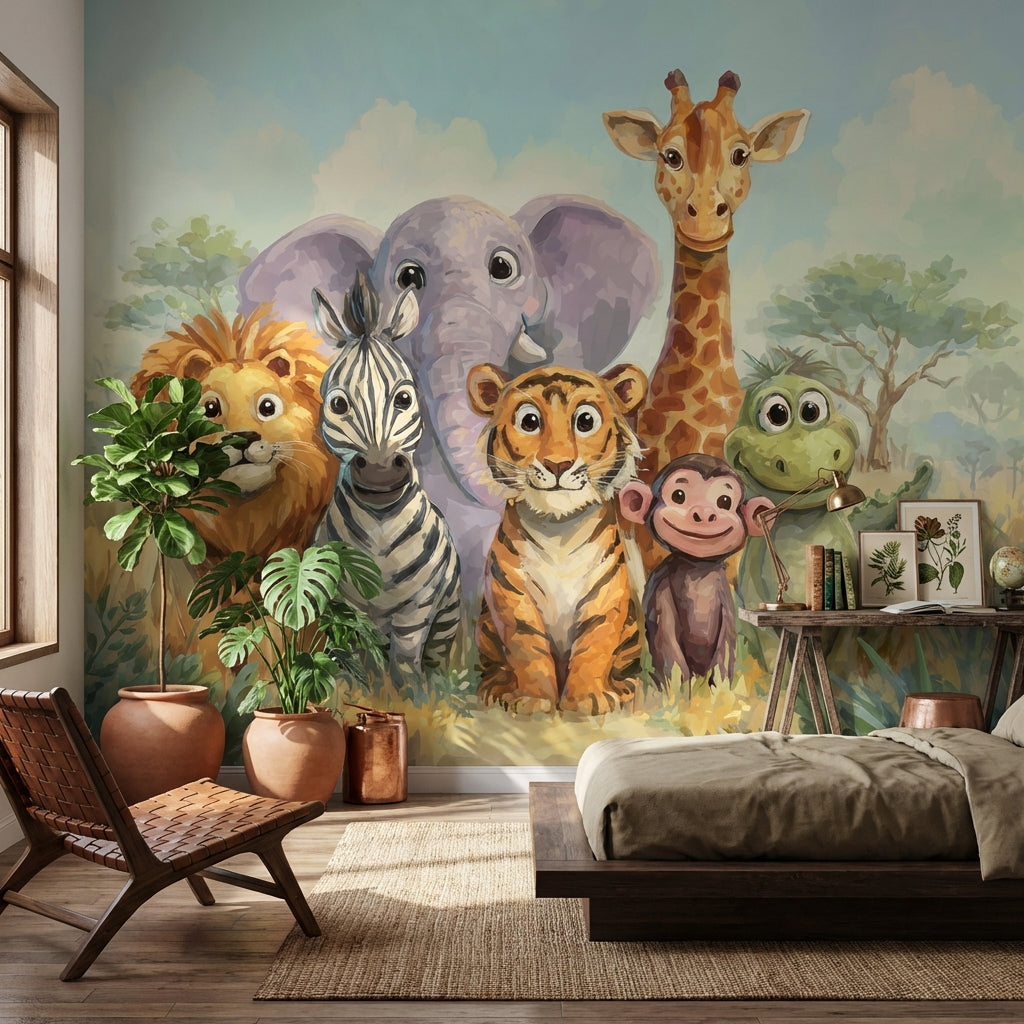 Playful Animals Wallpaper Savannah Cartoon Wall Mural