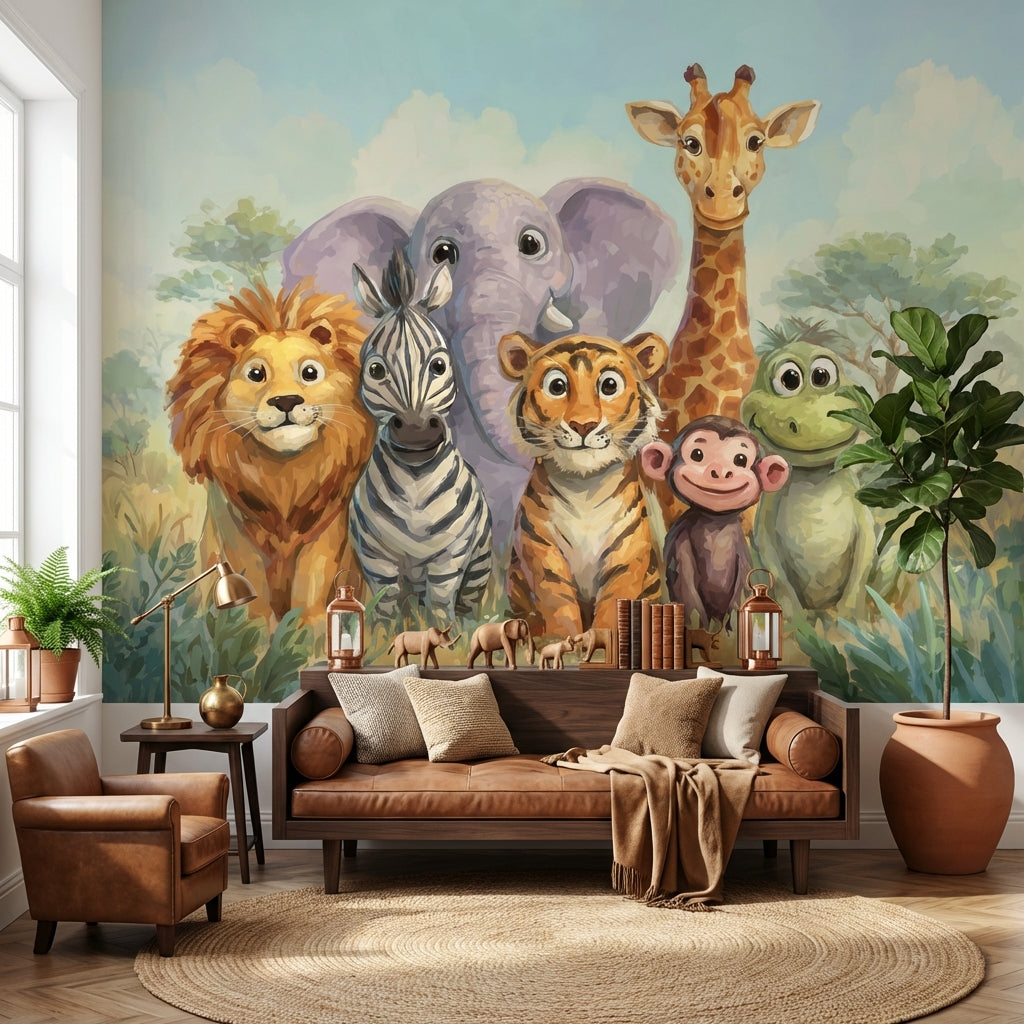 Playful Animals Wallpaper Savannah Cartoon Wall Mural