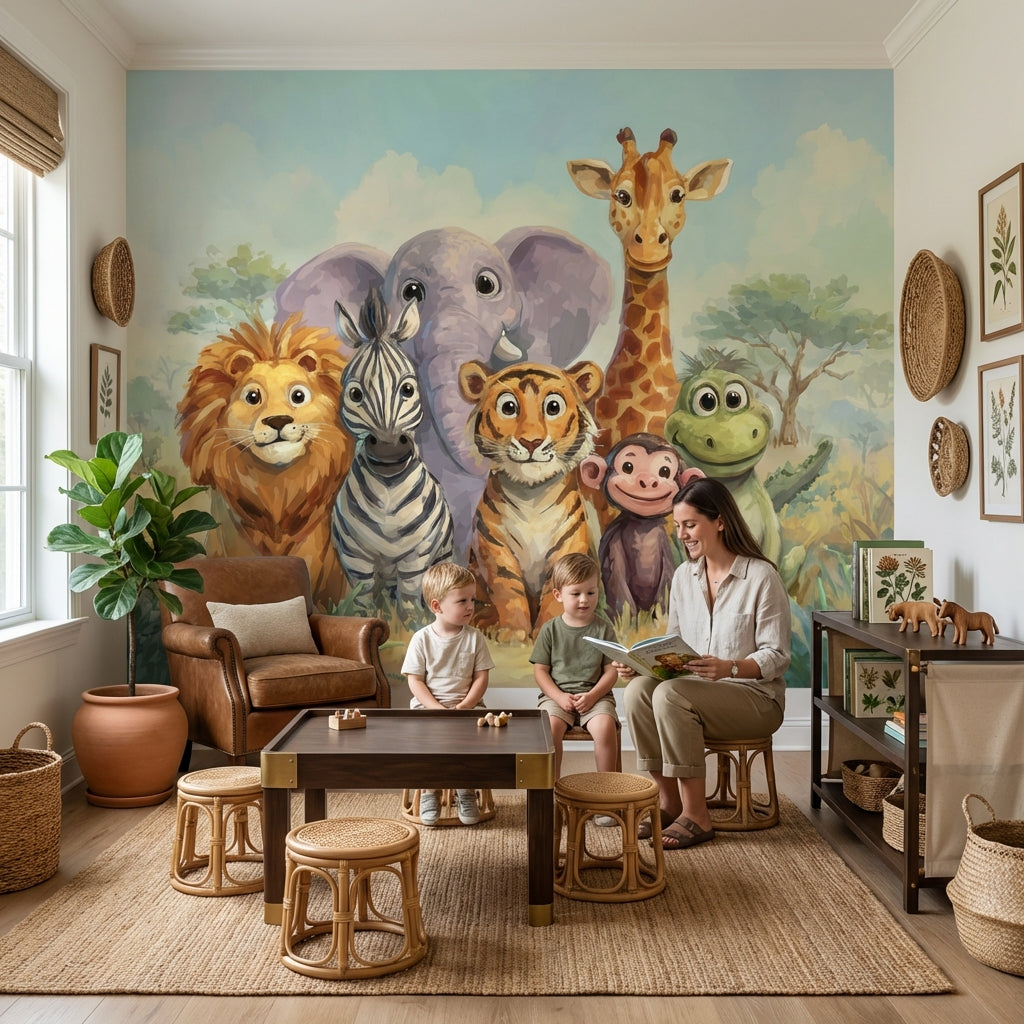 Playful Animals Wallpaper Savannah Cartoon Wall Mural