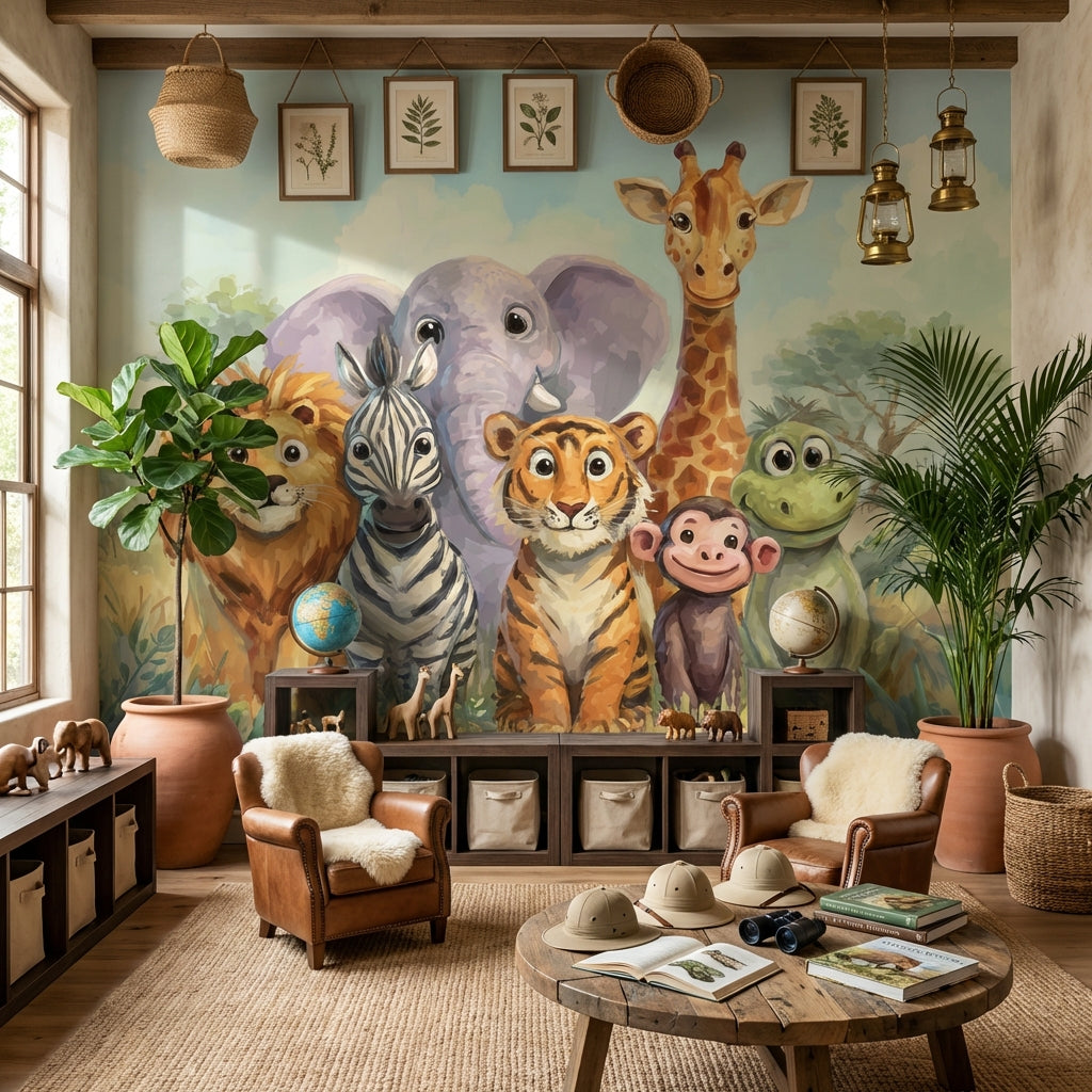 Playful Animals Wallpaper Savannah Cartoon Wall Mural