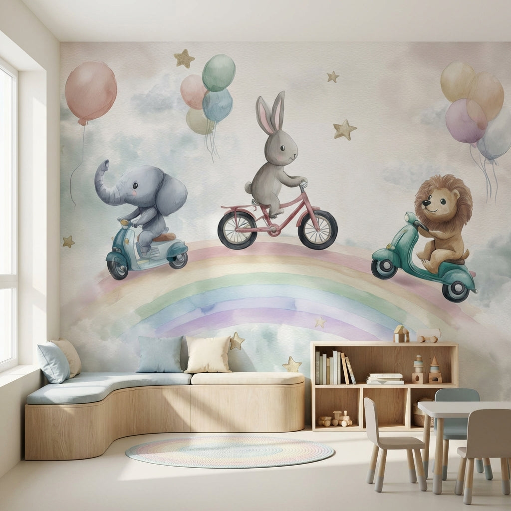 Whimsical Animals Wallpaper Rainbow Balloons Wall Mural