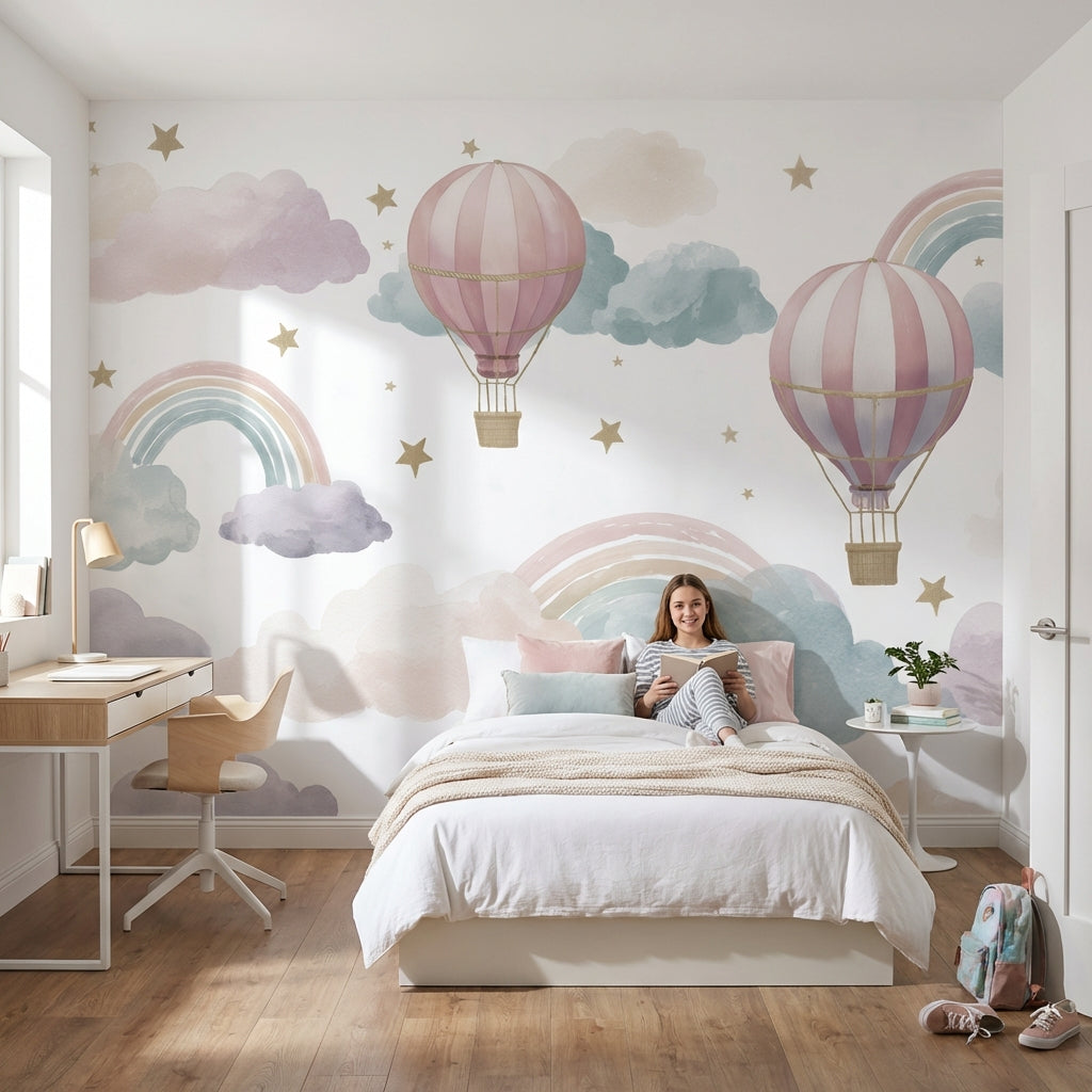 Hot Air Balloons Wallpaper Clouds Removable Rainbow Wall Mural