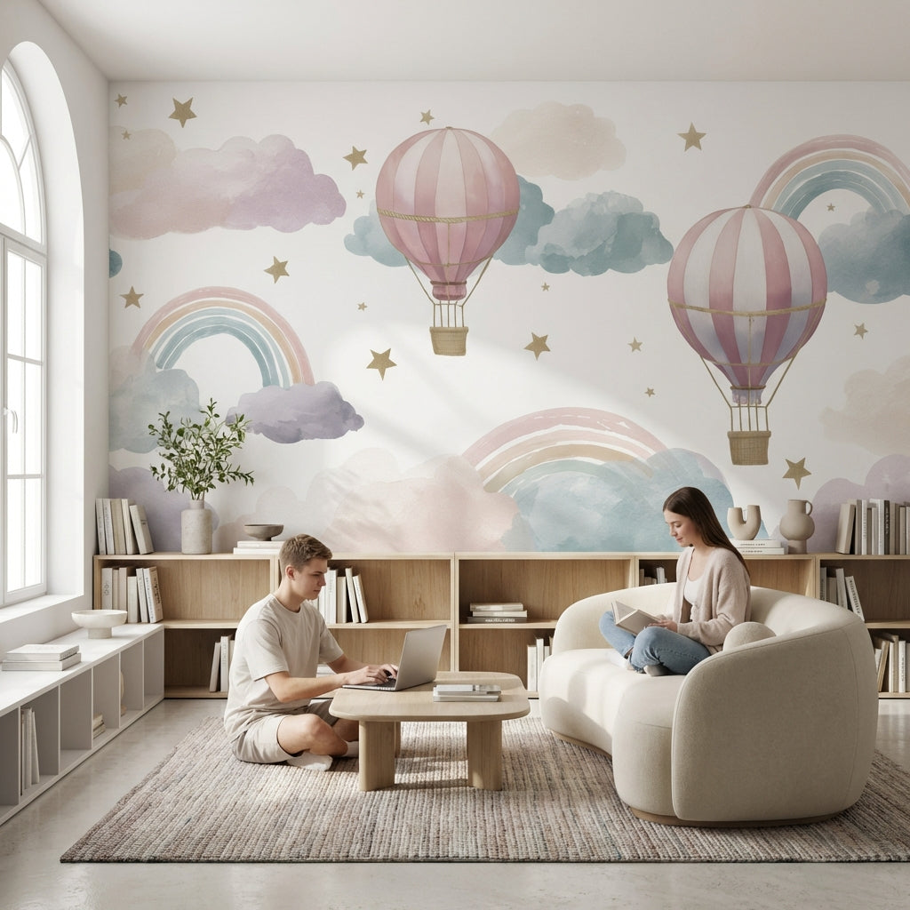 Hot Air Balloons Wallpaper Clouds Removable Rainbow Wall Mural