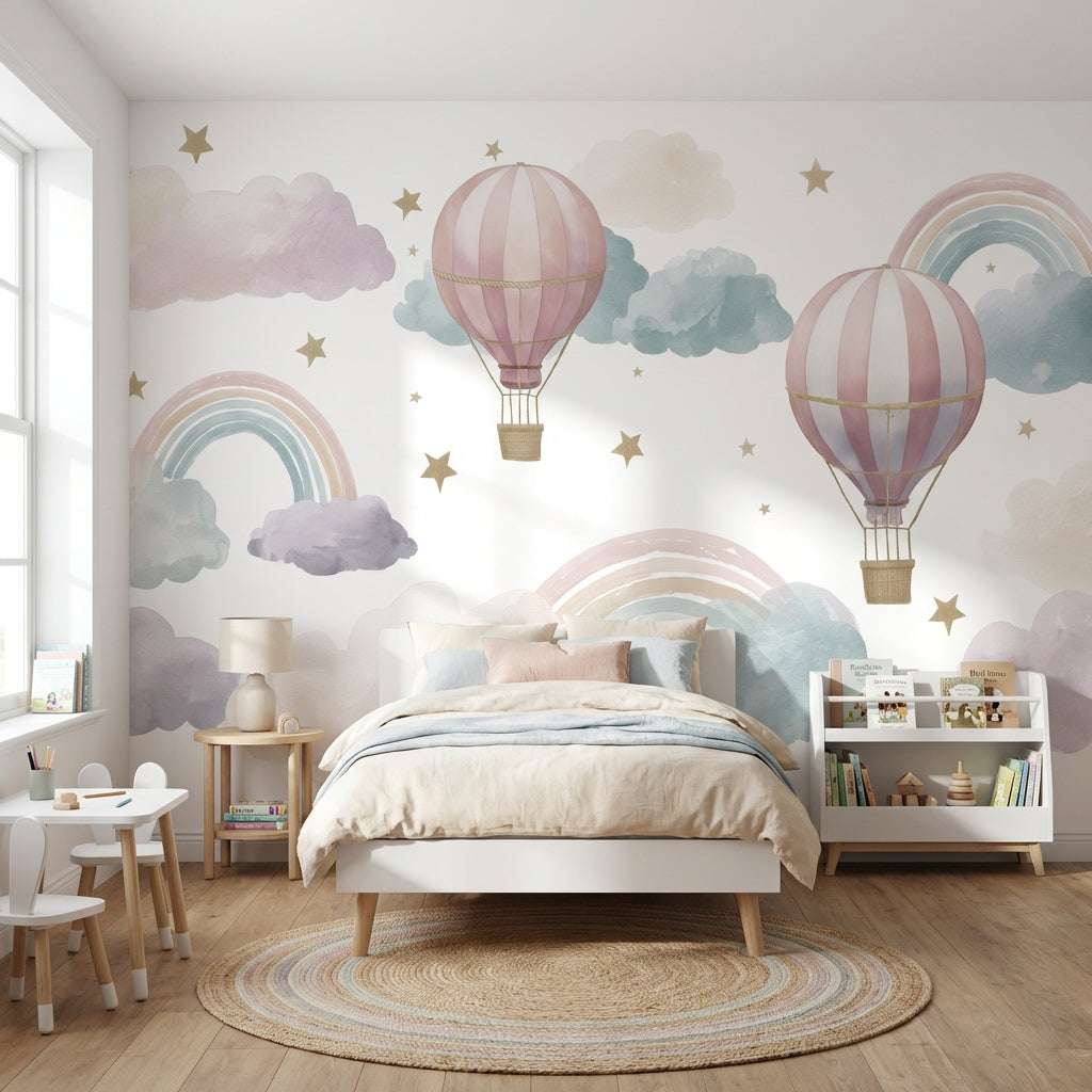 Hot Air Balloons Wallpaper Clouds Removable Rainbow Wall Mural