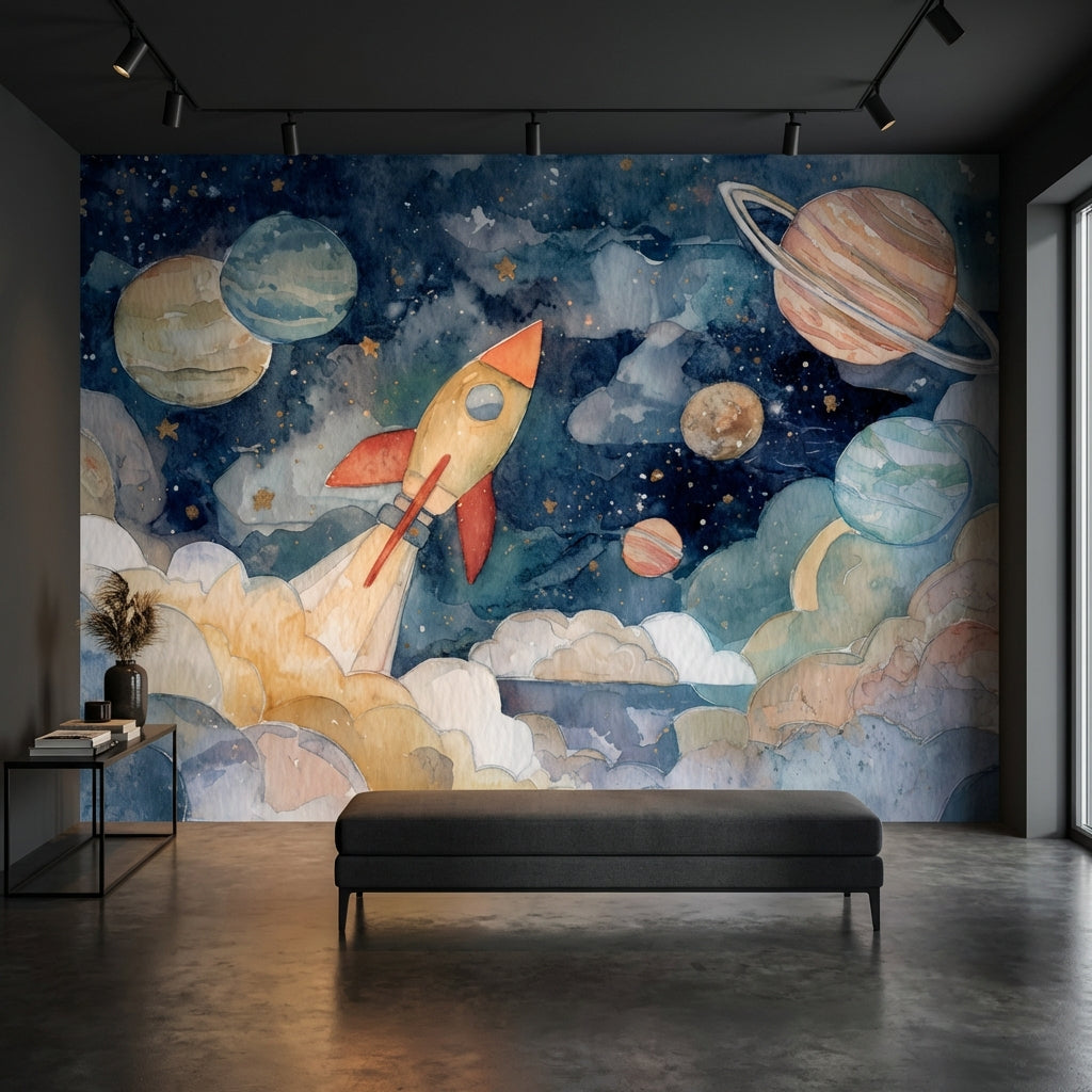 Space Rocket Wallpaper Planets Whimsical Wall Mural