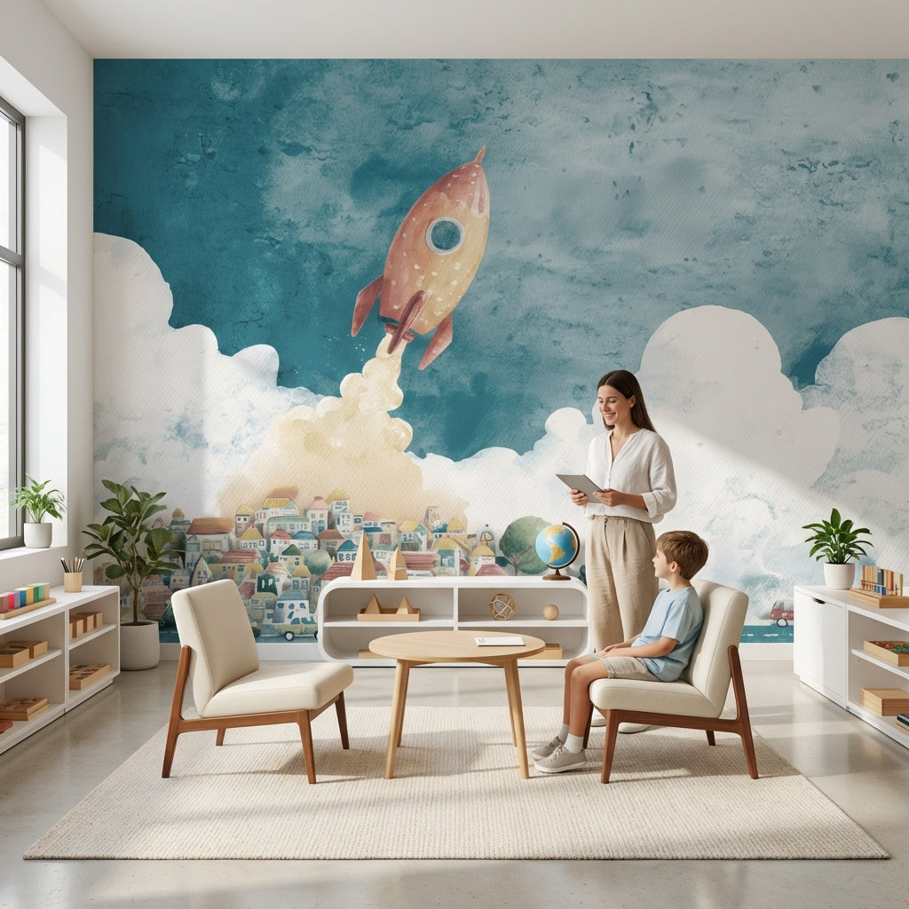 Rocket Wallpaper Town Removable Clouds Wall Mural