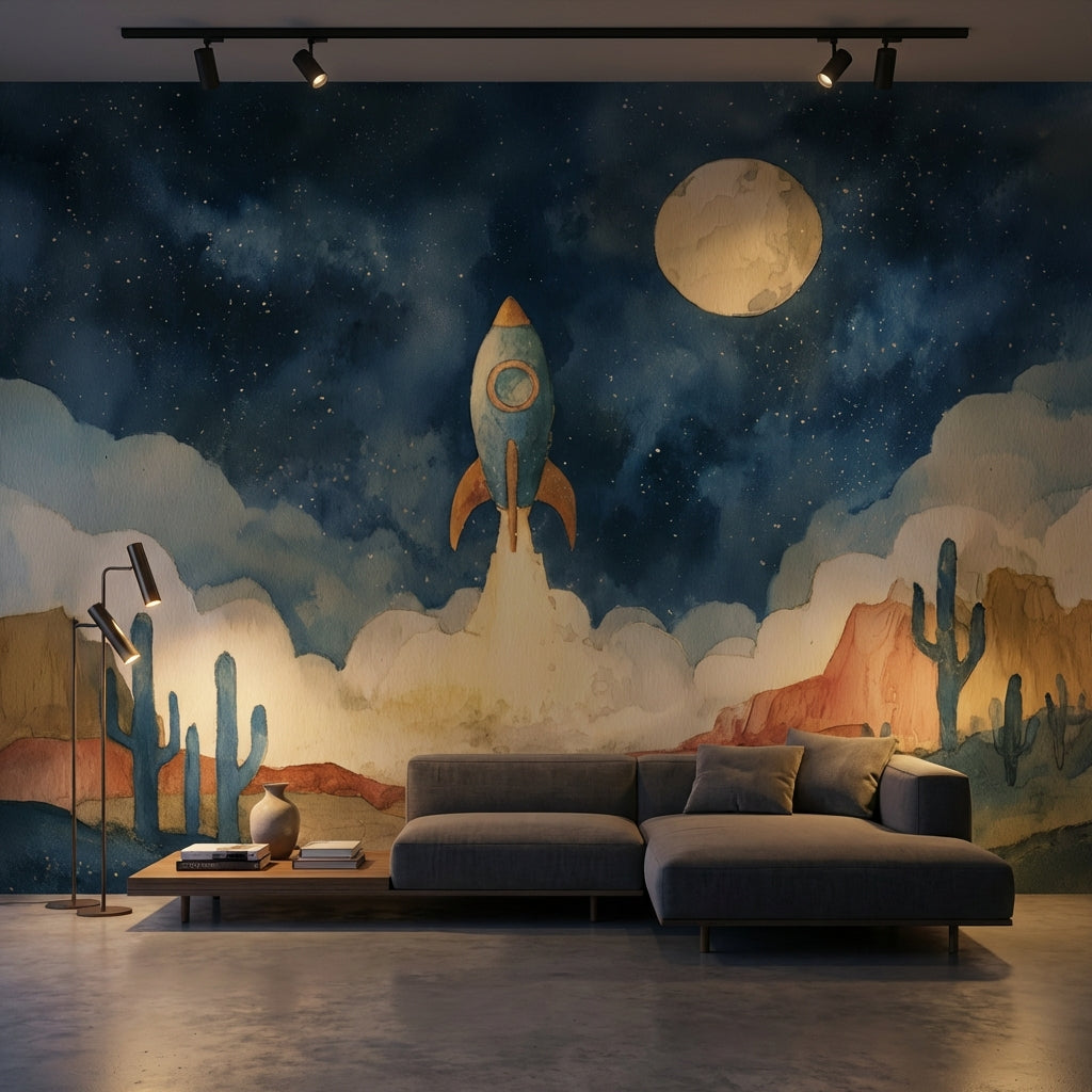 Starry Night Wallpaper Rocket Desert Wall Mural