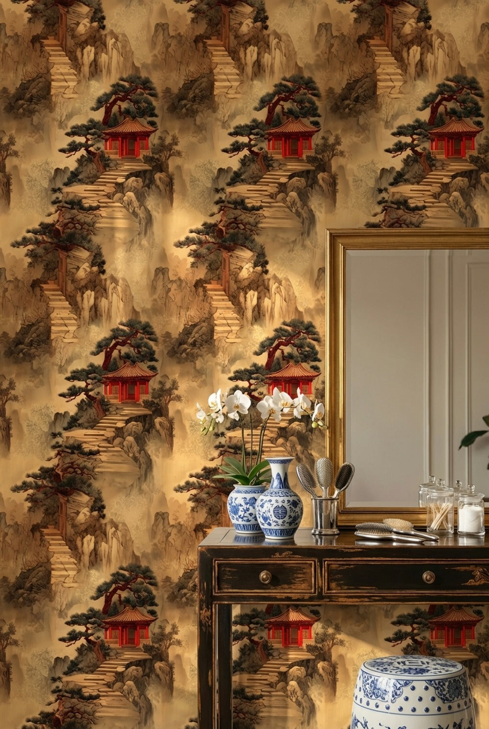 Oriental Pavilion Wallpaper Landscape Removable Traditional Wall Decor