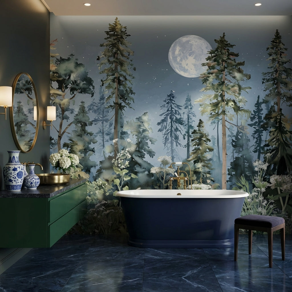Shades Of Green Wallpaper Moonlit Night Sky Removable Wall Decor