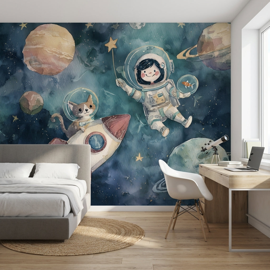 Astronaut Wallpaper Cat Planets Wall Mural