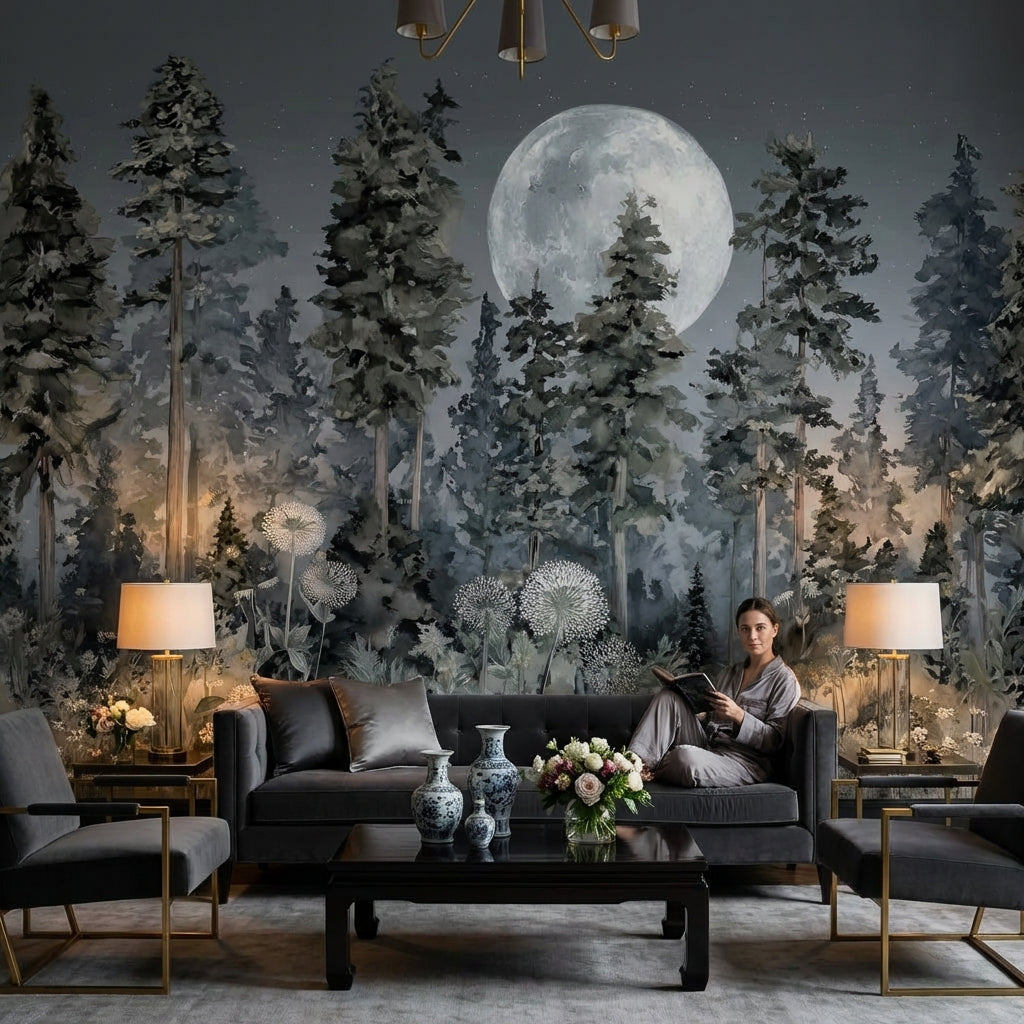 Forest Moon Wallpaper Trees Removable Wildflowers Wall Double Roll