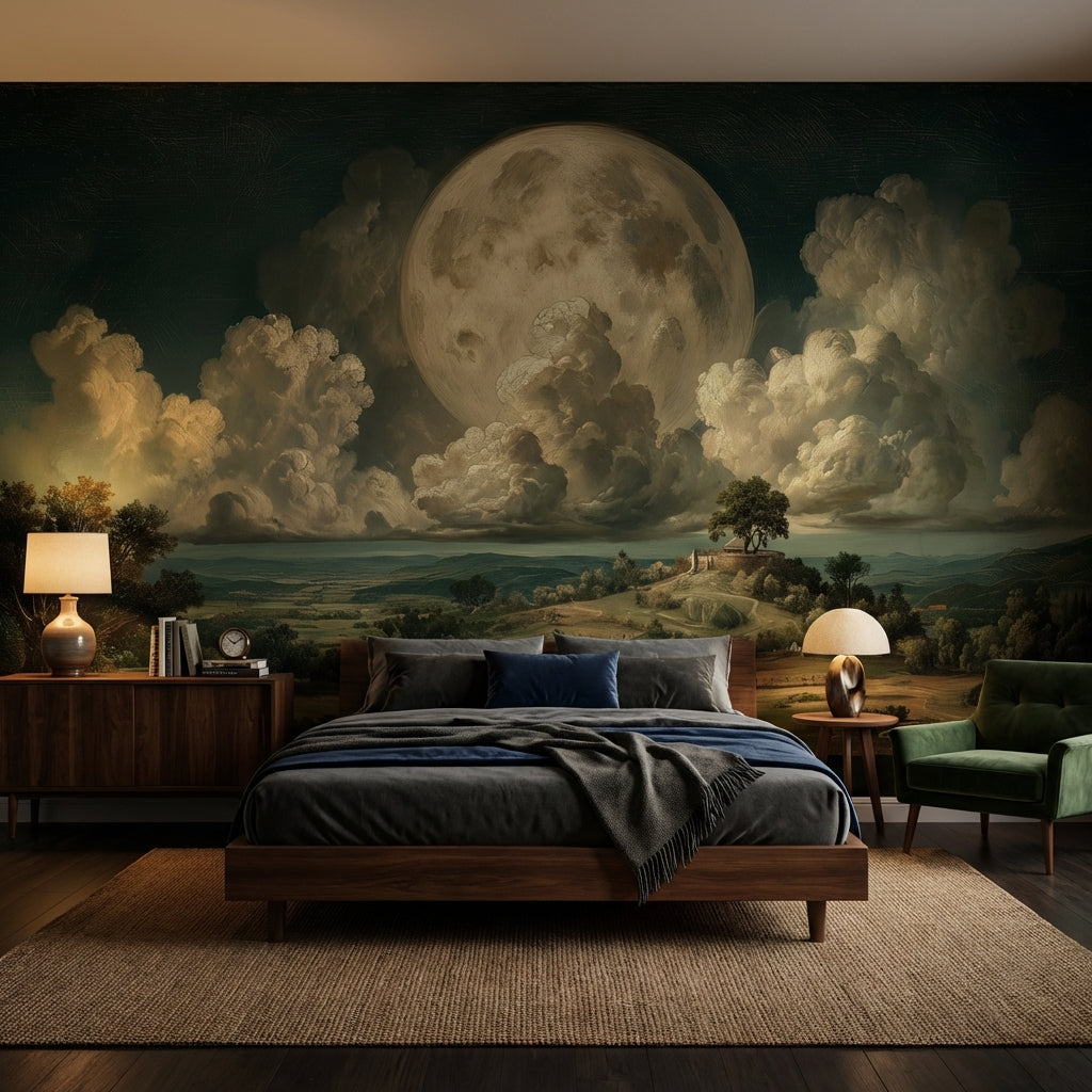 Moon Landscape Wallpaper Traditional Vintage Wall Double Roll
