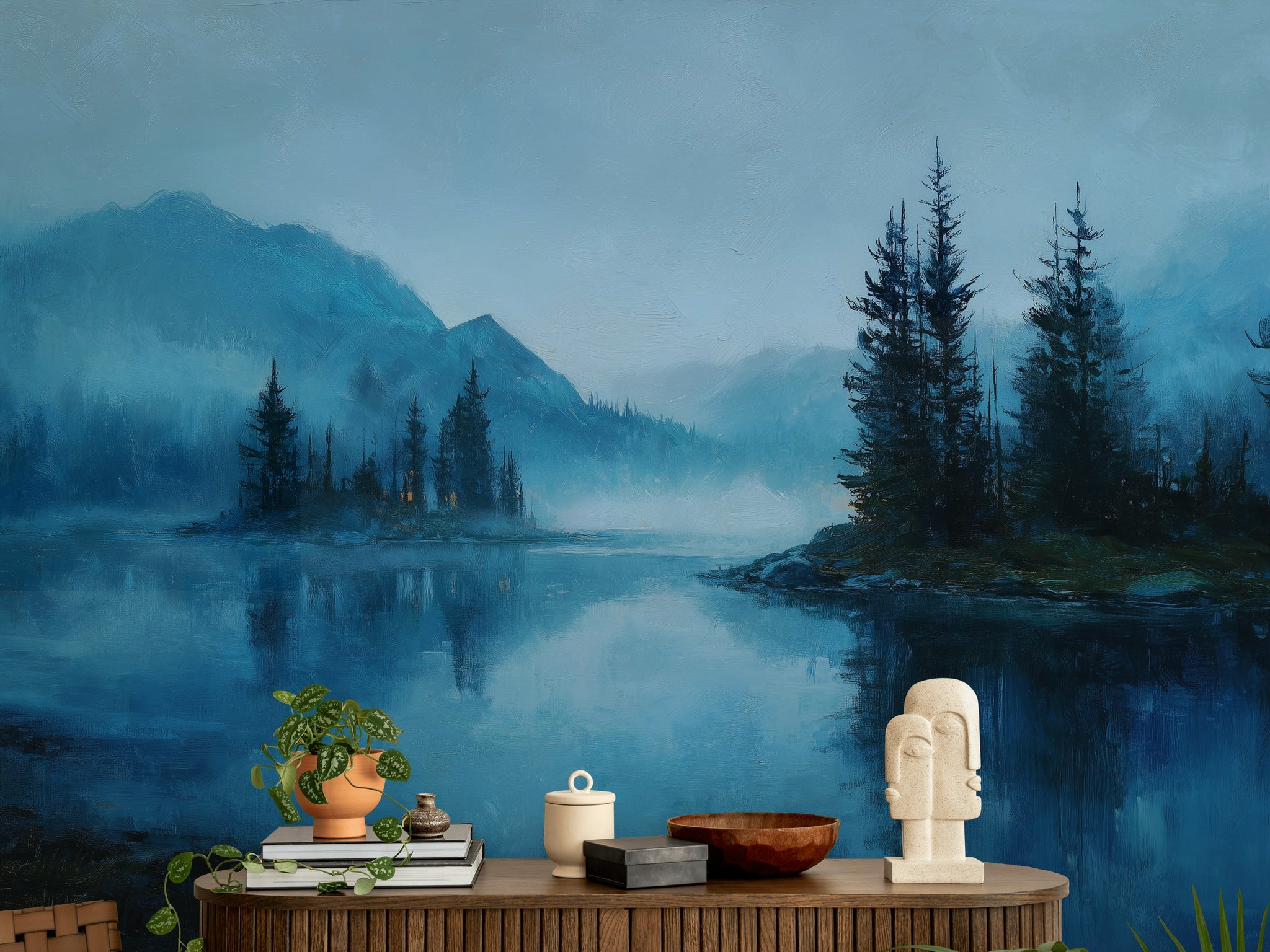 Misty Lake Wallpaper Pine Trees Serene Wall Decor