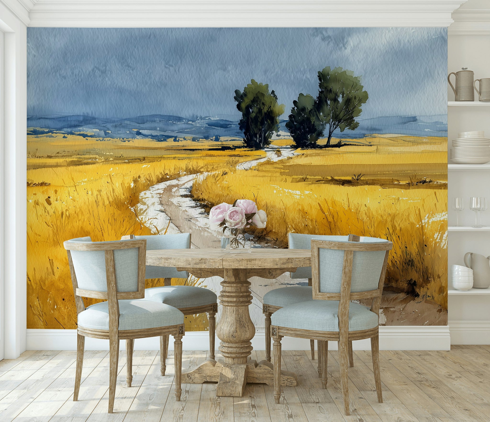 Cloudy Sky Wallpaper Trees Wheat Field Wall Mural