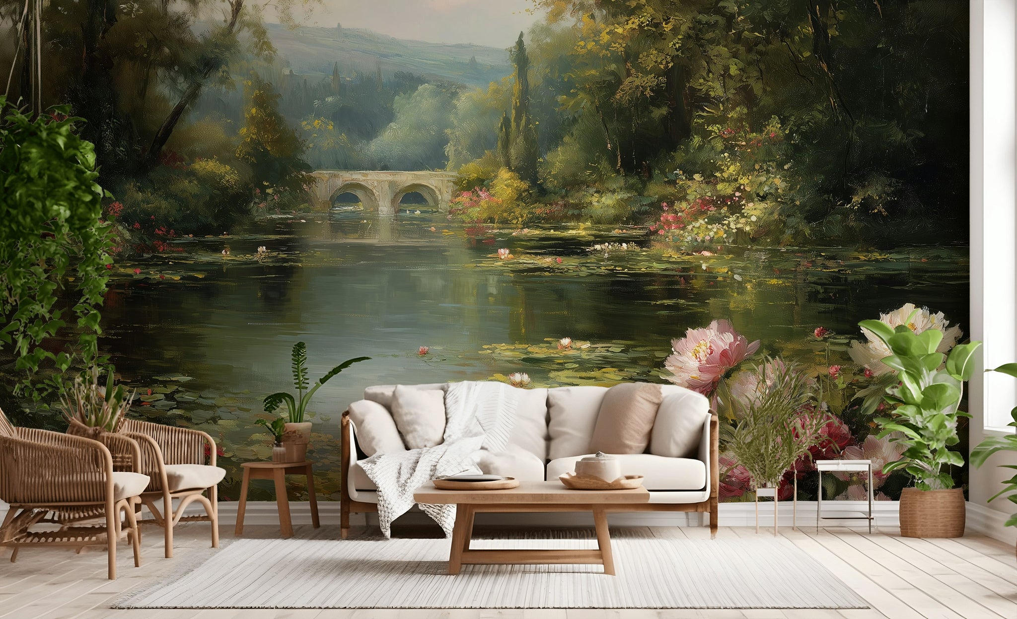 Serene Pond Wallpaper Nature Greenery Wall Mural