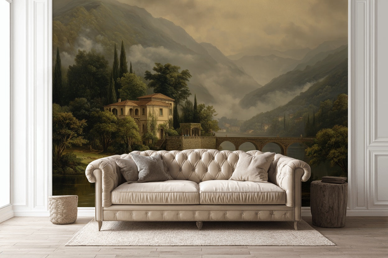 Traditional Villa Wallpaper Bridge Serene Wall Art