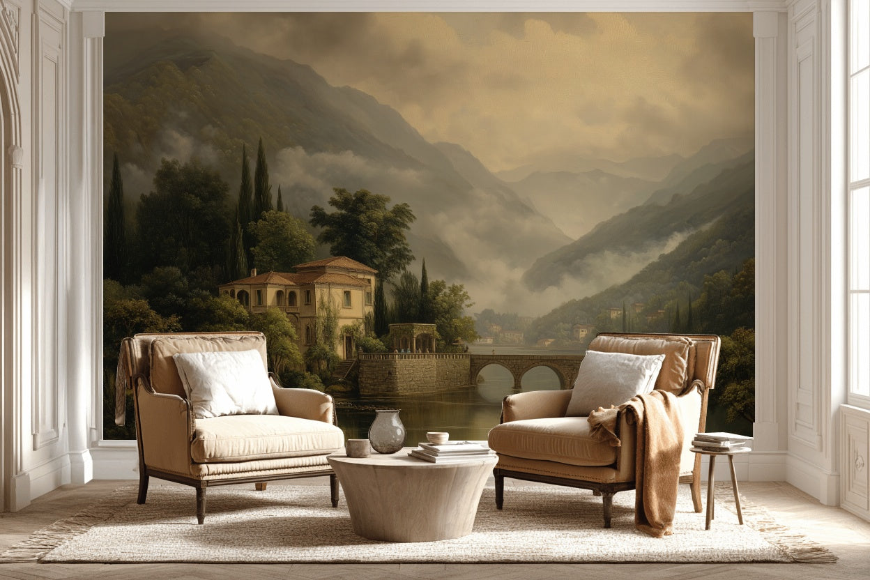 Traditional Villa Wallpaper Bridge Serene Wall Art