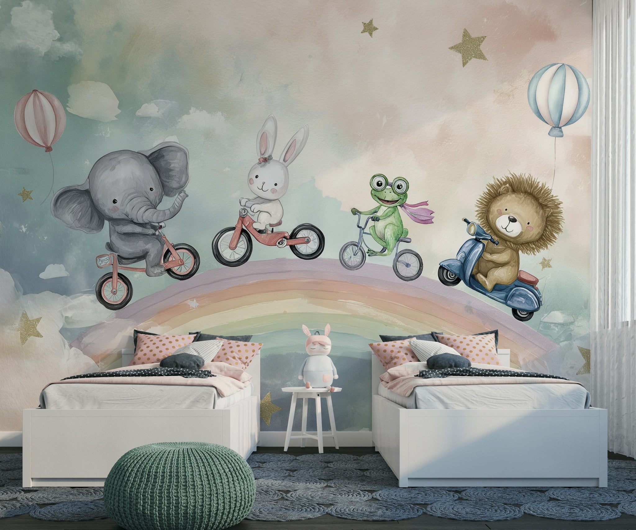 Whimsical Rainbow Wallpaper Animals Pastel Removable Wall Decor