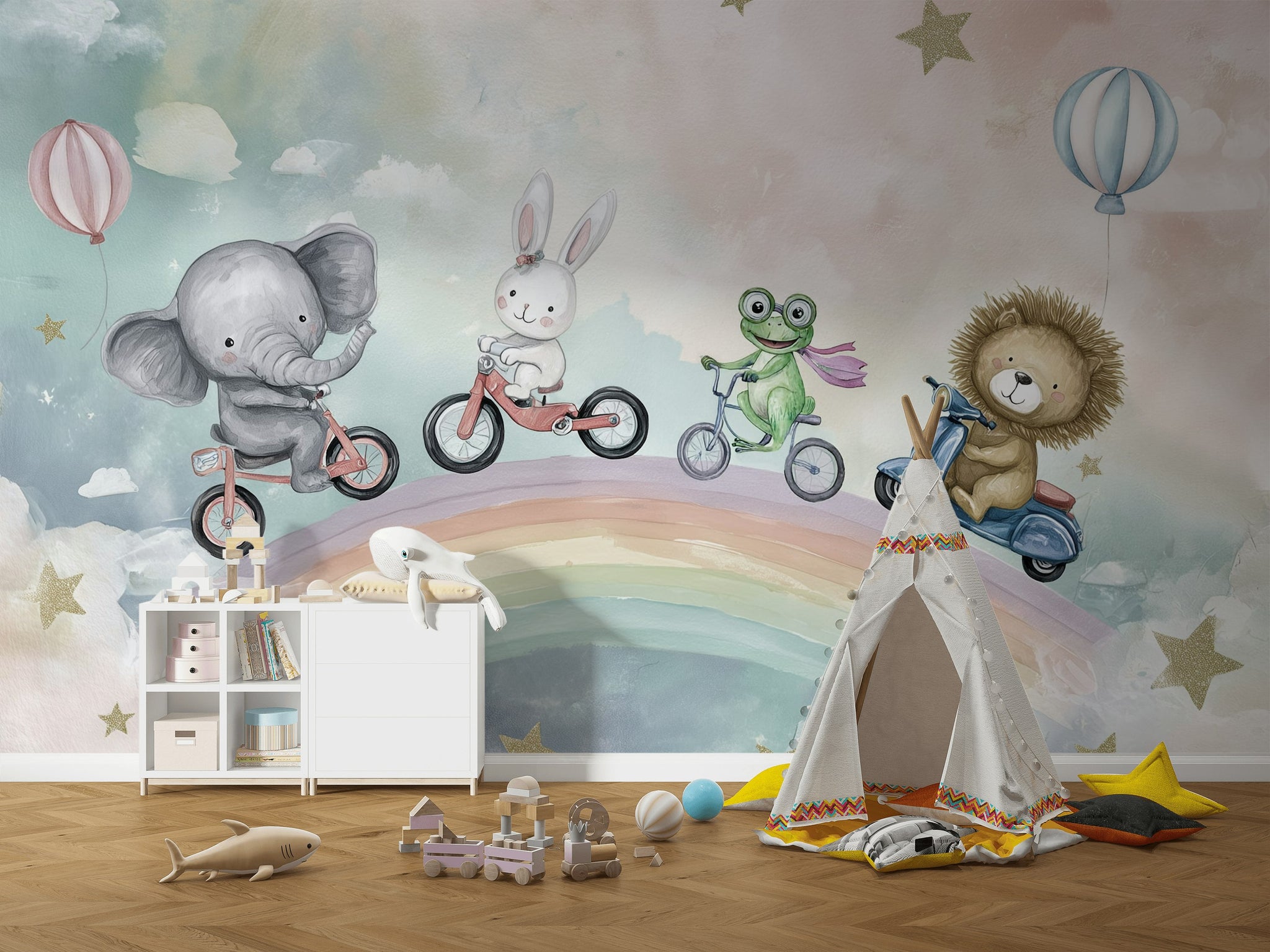 Whimsical Rainbow Wallpaper Animals Pastel Removable Wall Decor