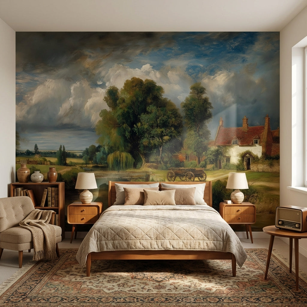 Cottage Landscape Wallpaper Trees Vintage Wall Mural