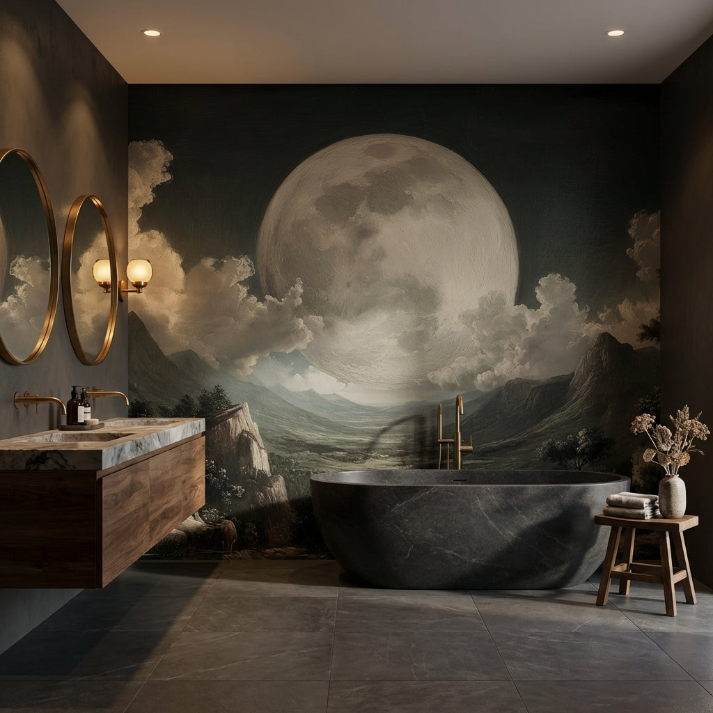 Moon Landscape Wallpaper Mountains Removable Clouds Wall Double Roll