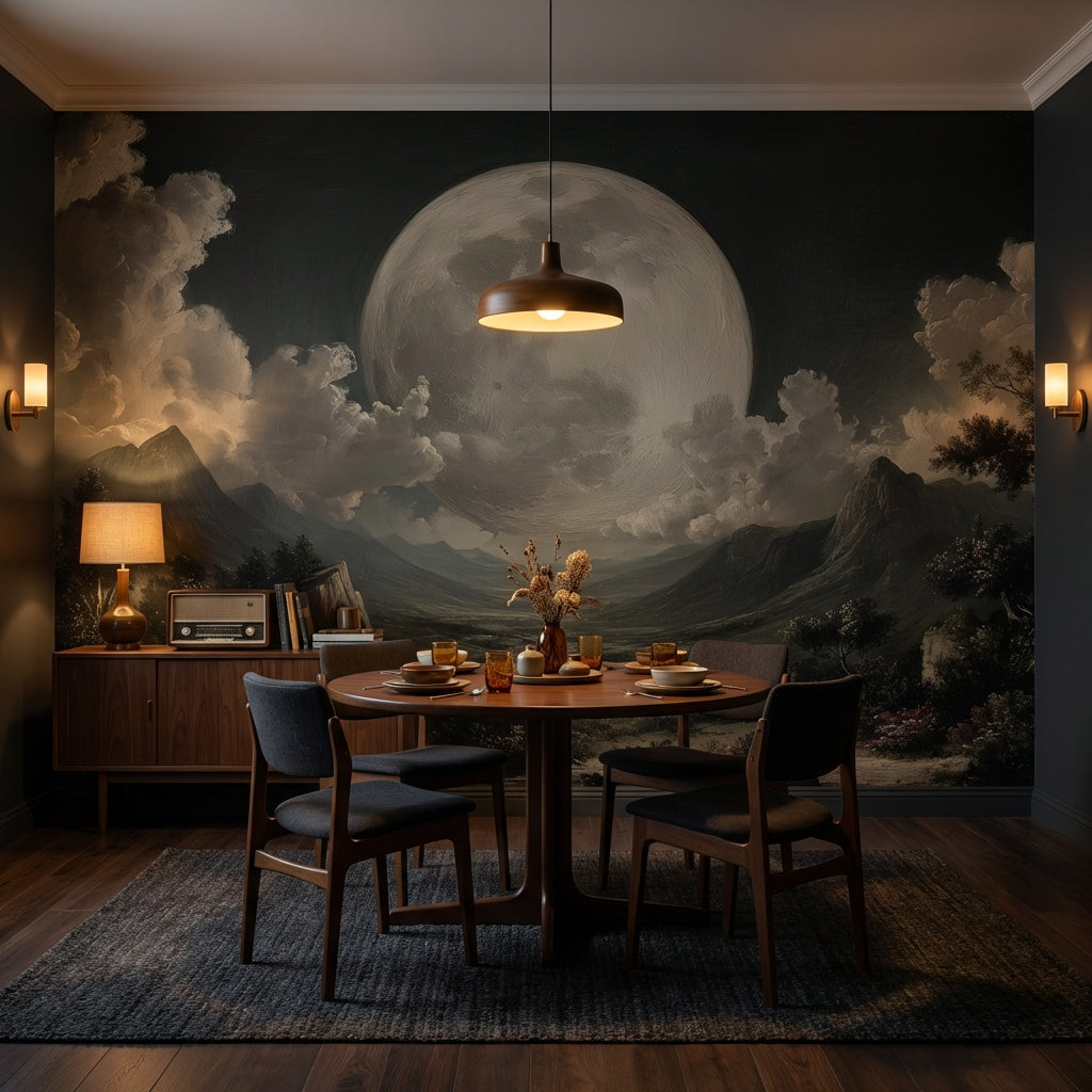 Moon Landscape Wallpaper Mountains Removable Clouds Wall Double Roll