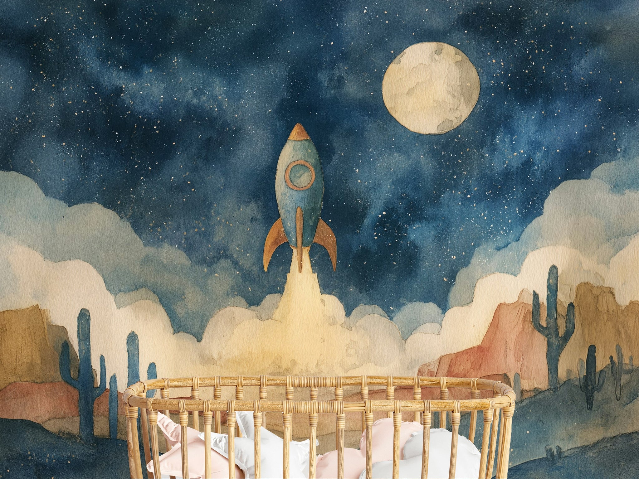 Starry Night Wallpaper Rocket Desert Wall Mural