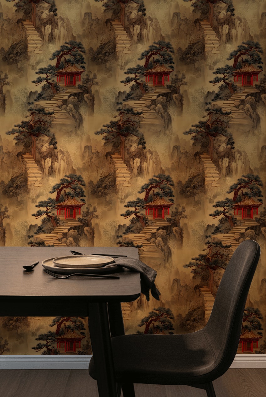 Oriental Pavilion Wallpaper Landscape Removable Traditional Wall Decor