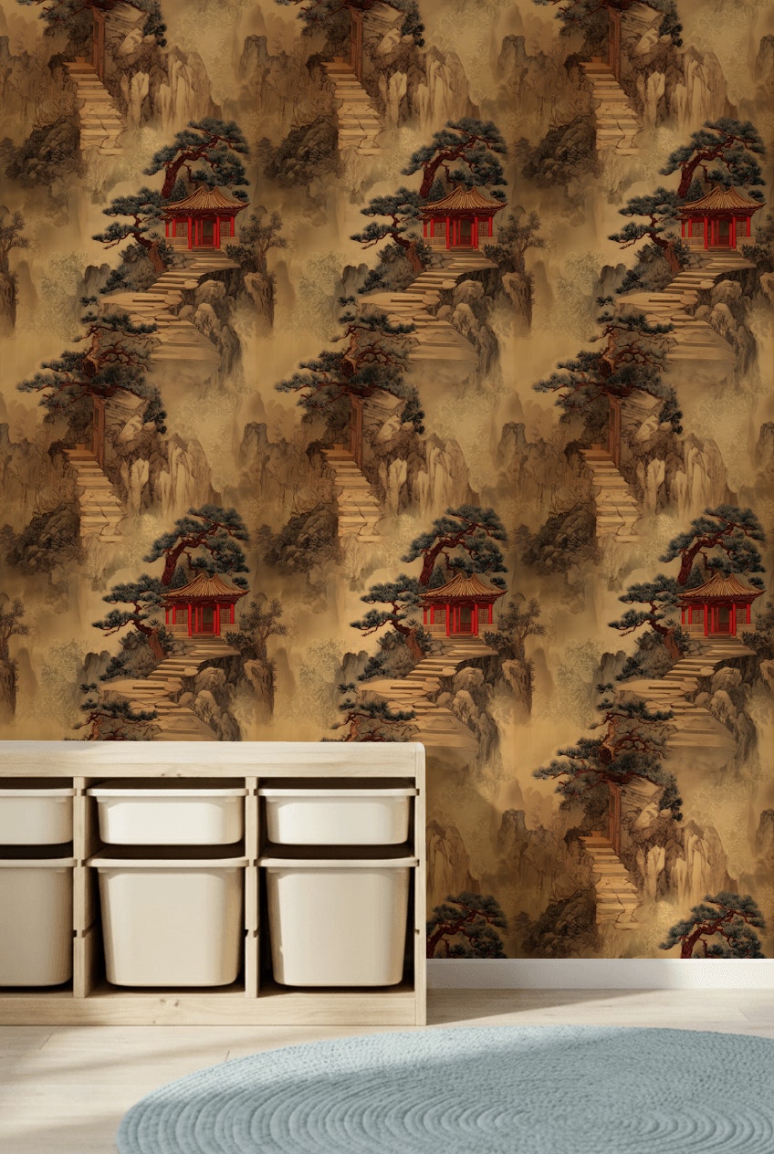 Oriental Pavilion Wallpaper Landscape Removable Traditional Wall Decor