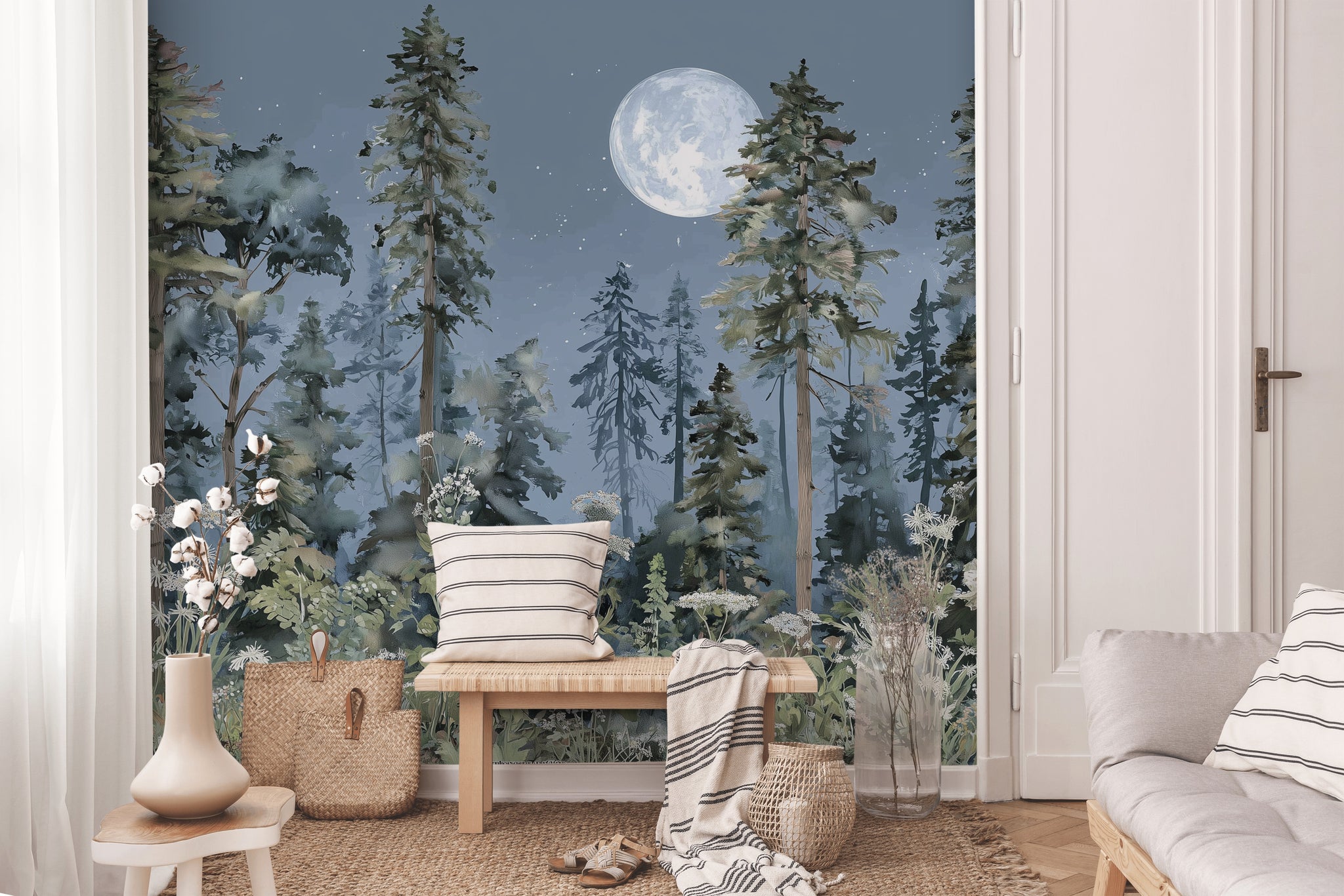 Shades Of Green Wallpaper Moonlit Night Sky Removable Wall Decor