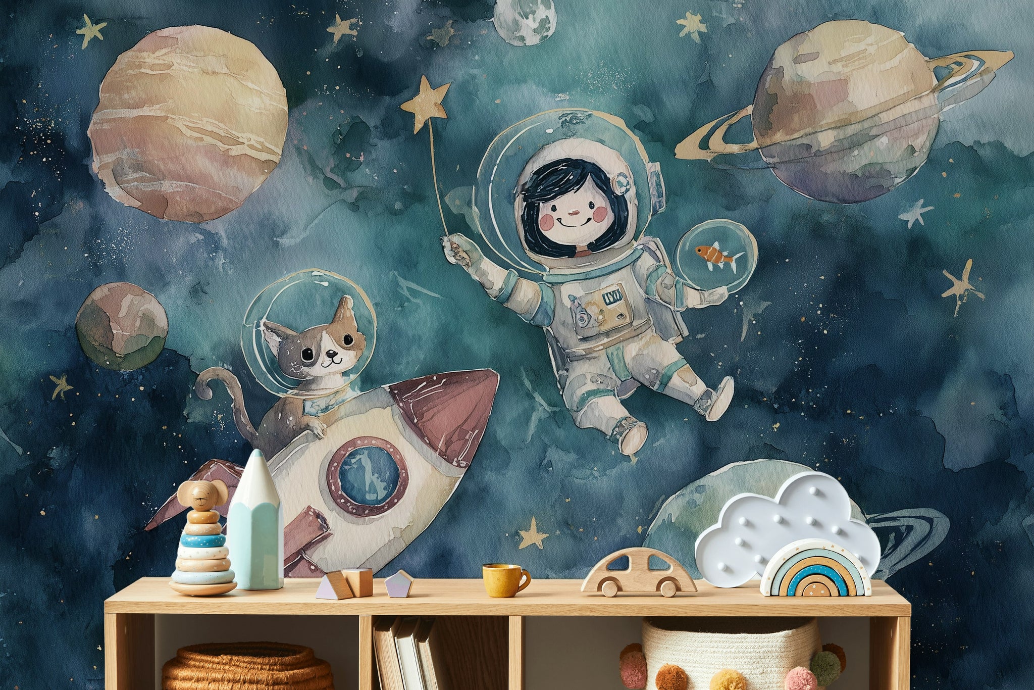 Astronaut Wallpaper Cat Planets Wall Mural