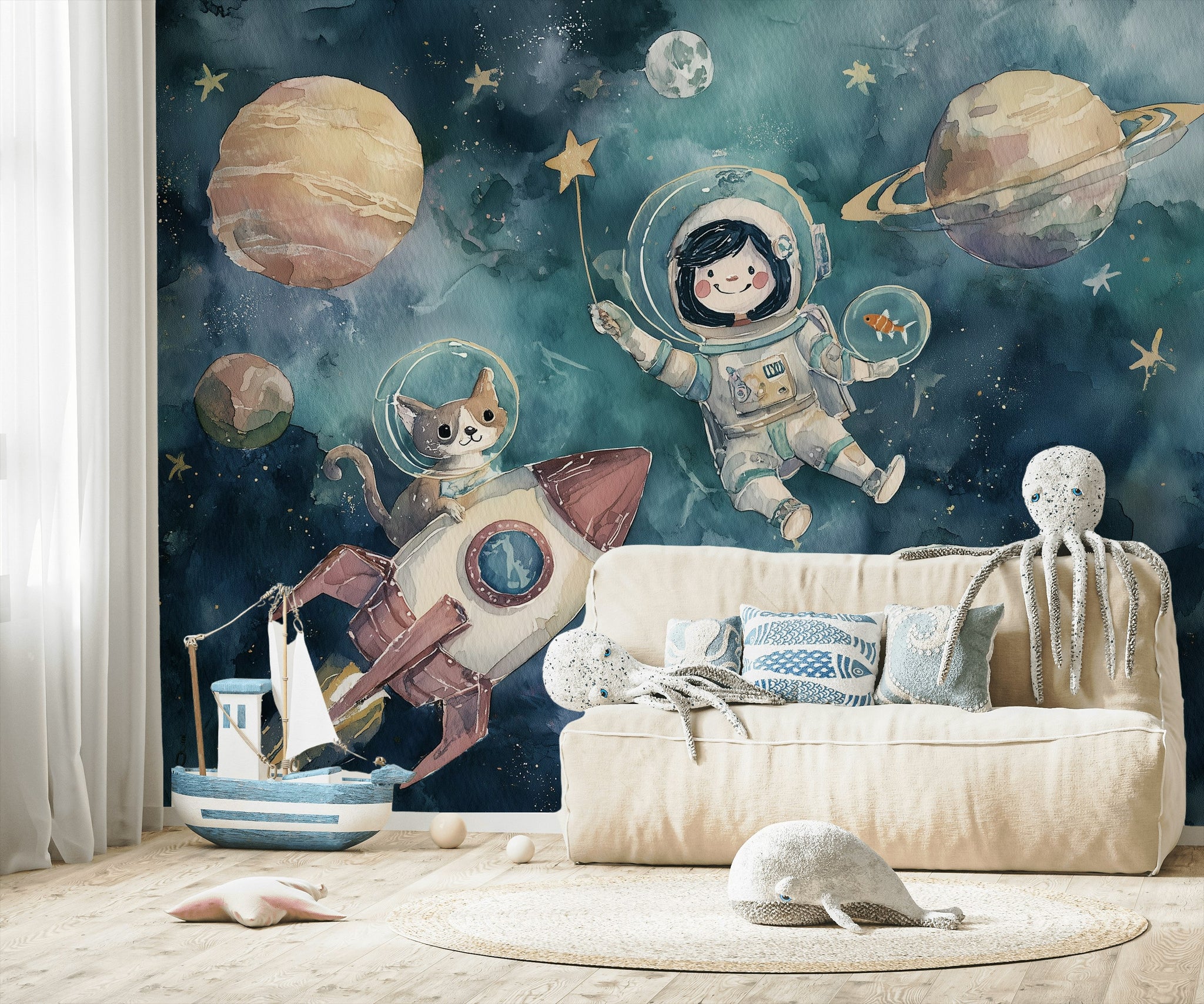Astronaut Wallpaper Cat Planets Wall Mural