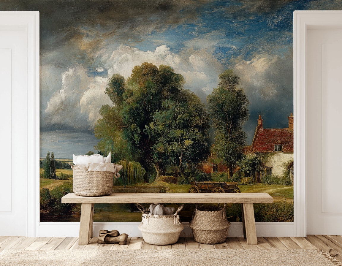 Cottage Landscape Wallpaper Trees Vintage Wall Mural