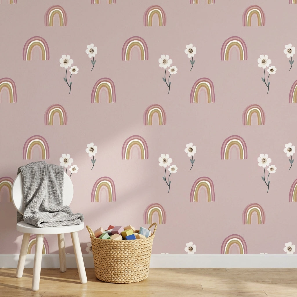 Rainbows Wallpaper Floral Pink Removable Wall Decor