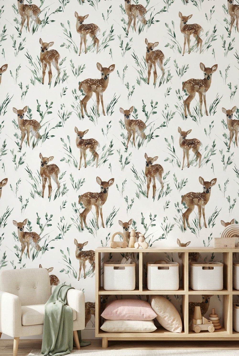 Watercolor Deer Wallpaper Nature Removable Foliage Wall Double Roll