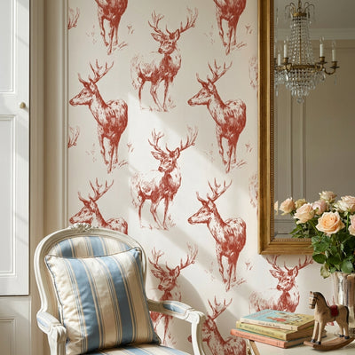 Deer Toile Wallpaper Vintage Rustic Decorative Mural - 2