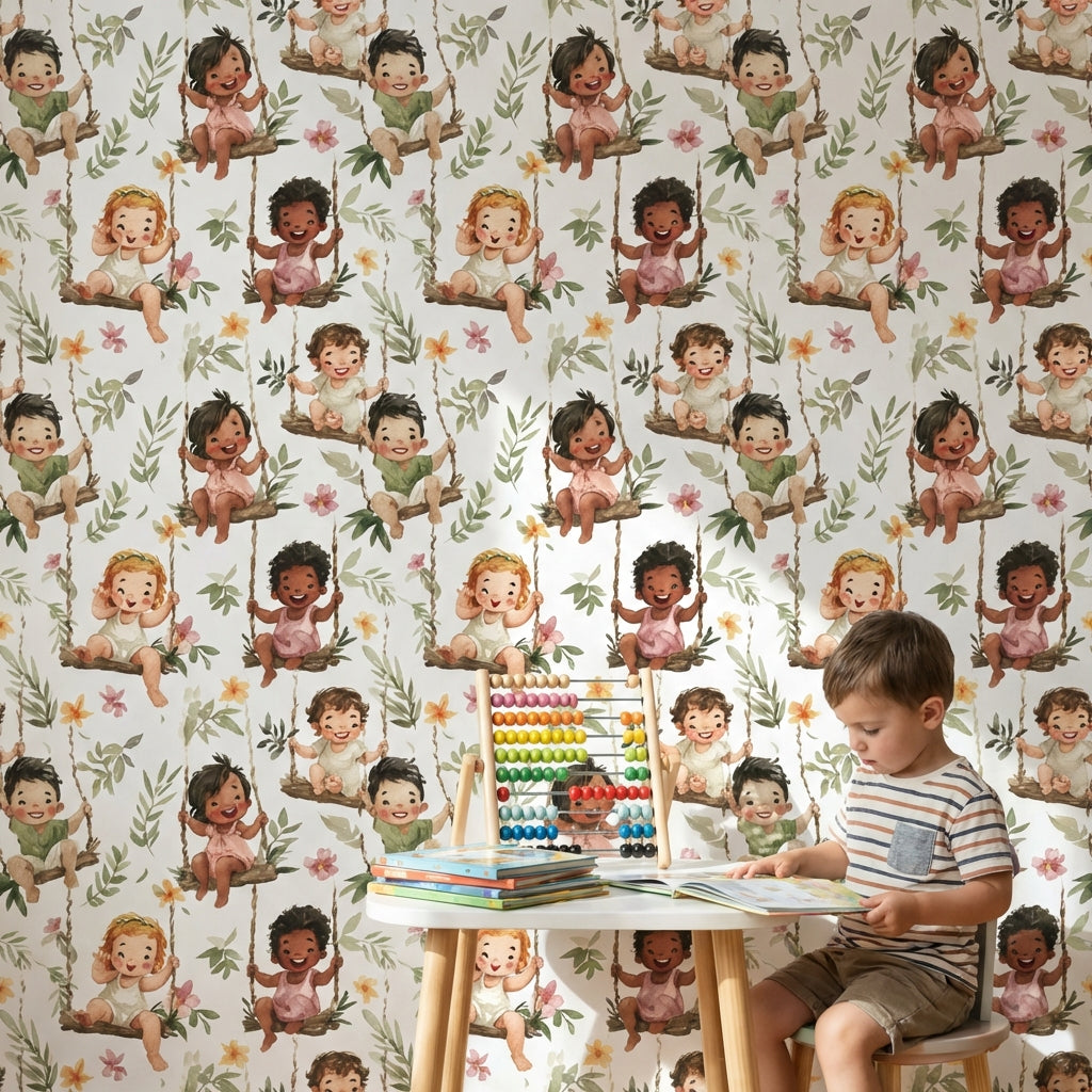 Children Wallpaper Swings Floral Decorative Mural