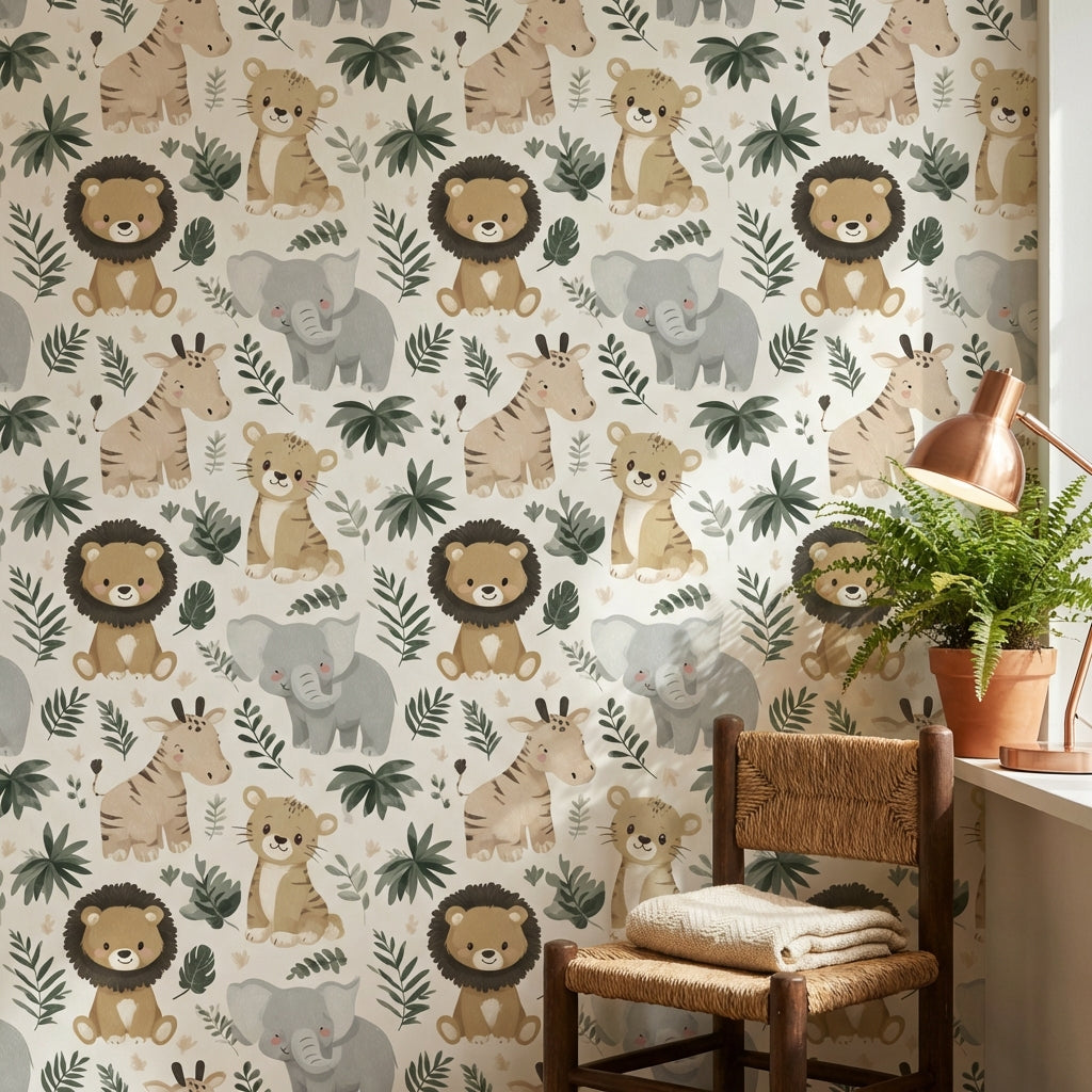 Jungle Animals Wallpaper Cartoon Playful Decorative Mural