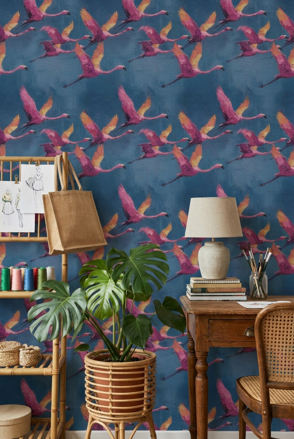 Flamingos Wallpaper Abstract Removable Blue Wall Double Roll