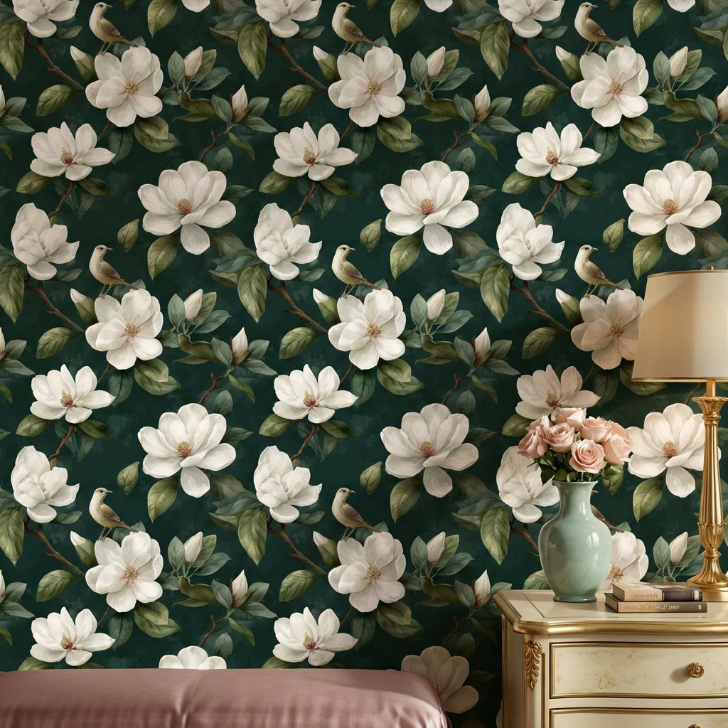 Floral Wallpaper Bird Magnolia Removable Wall Decor