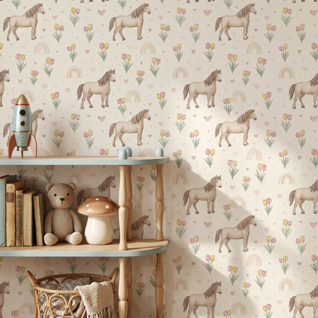 Horses Wallpaper Tulips Hearts Decorative Mural
