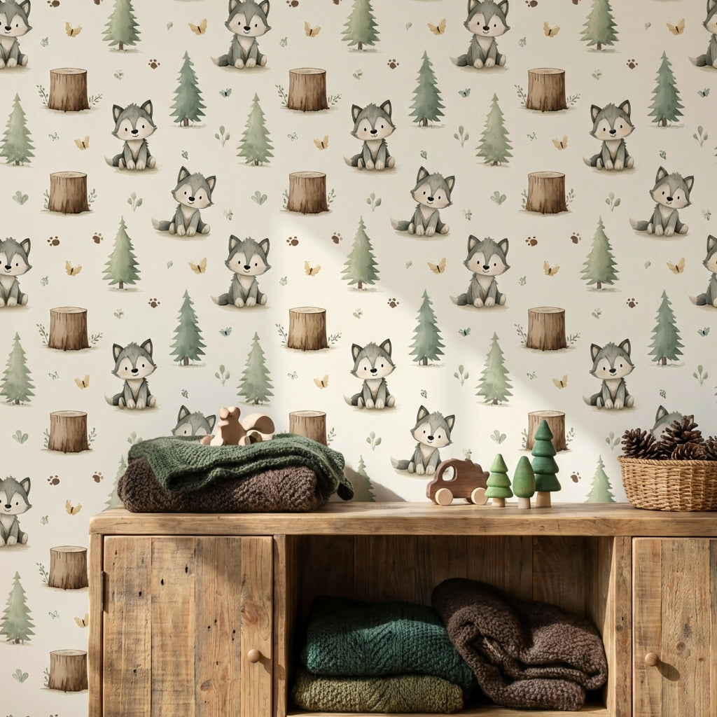 Whimsical Woodland Wallpaper Cartoon Removable Wolves Wall Decor