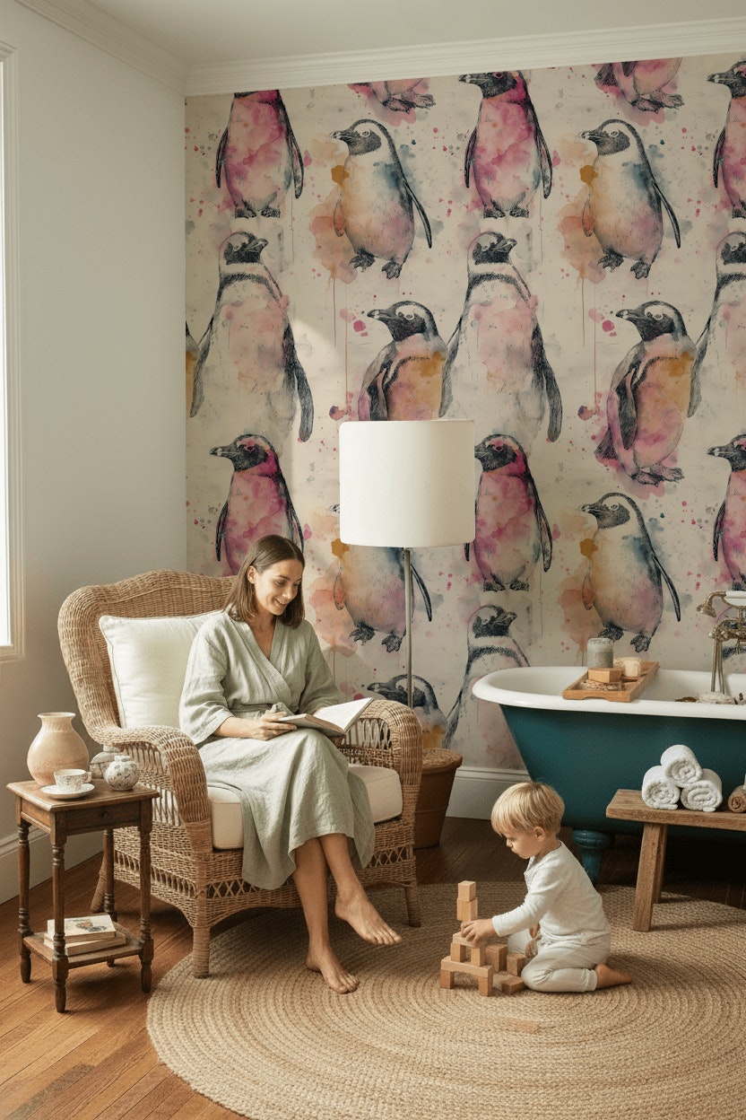 Penguins Wallpaper Watercolor Abstract Removable Wall Decor